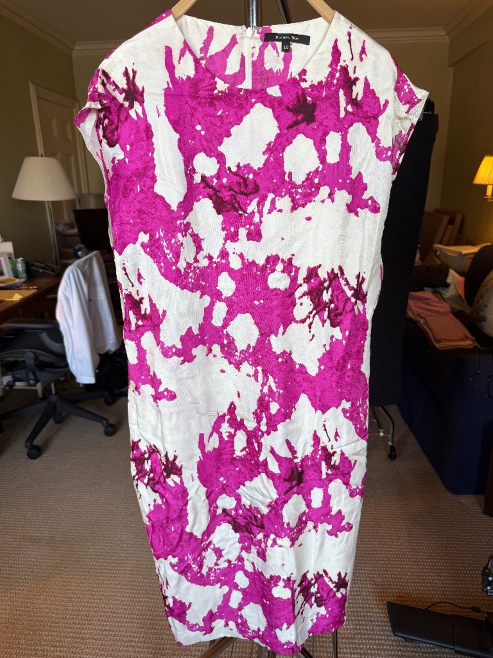 Rachel Roy 100% Silk Abstract Fuchsia and Ivory Sheath Dress